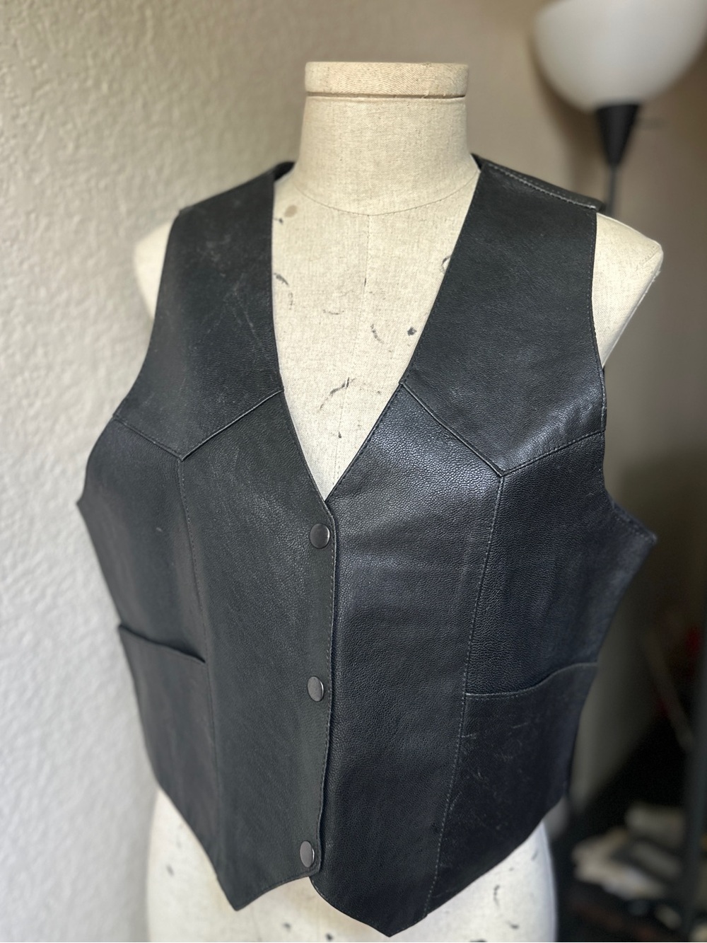 Vintage Classic Black Leather Button-Front Vest